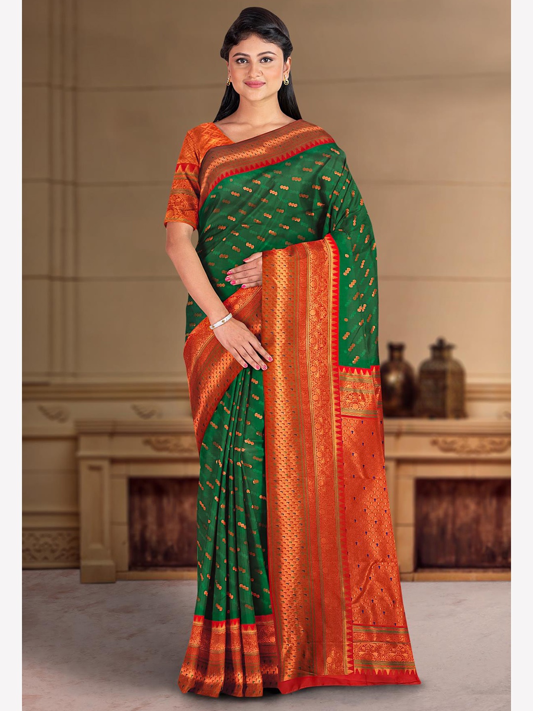 

Kalamandir Green & Red Ethnic Motifs Zari Silk Blend Saree