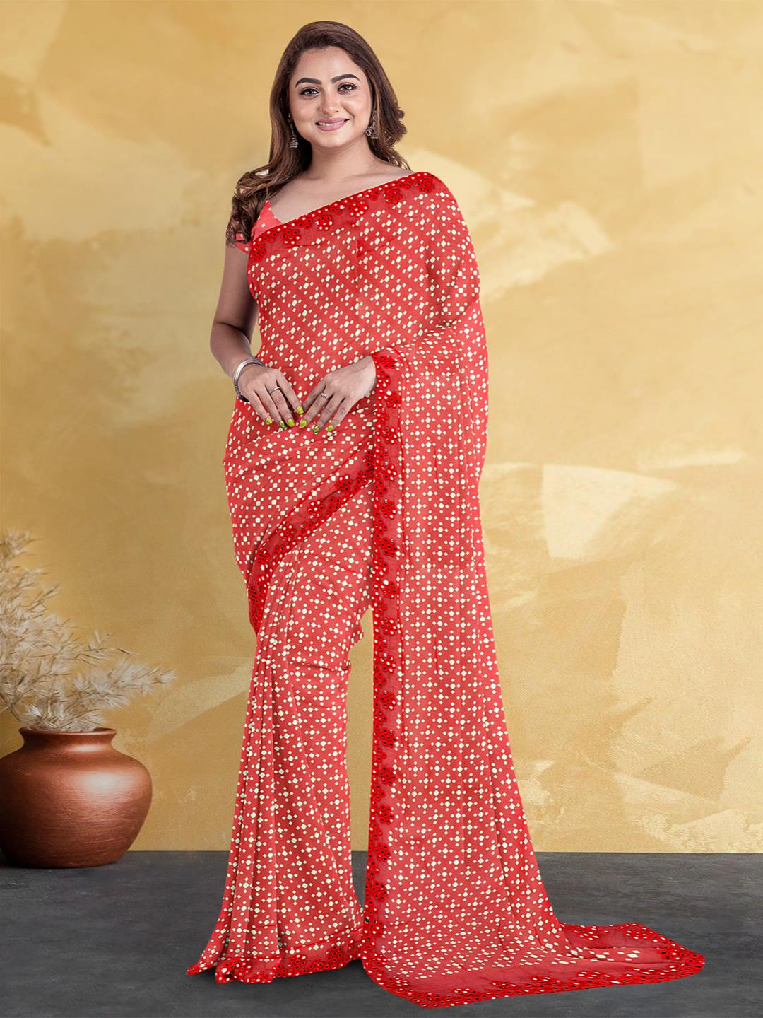 

Kalamandir Mirror Work Bandhani Saree, Coral
