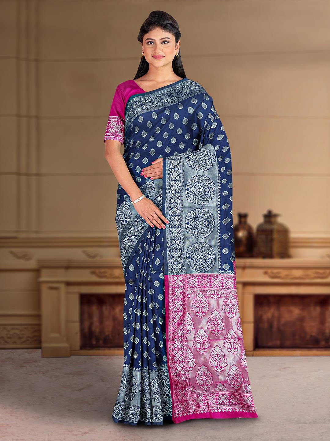 

Kalamandir Ethnic Motifs Woven Design Zari Saree, Navy blue