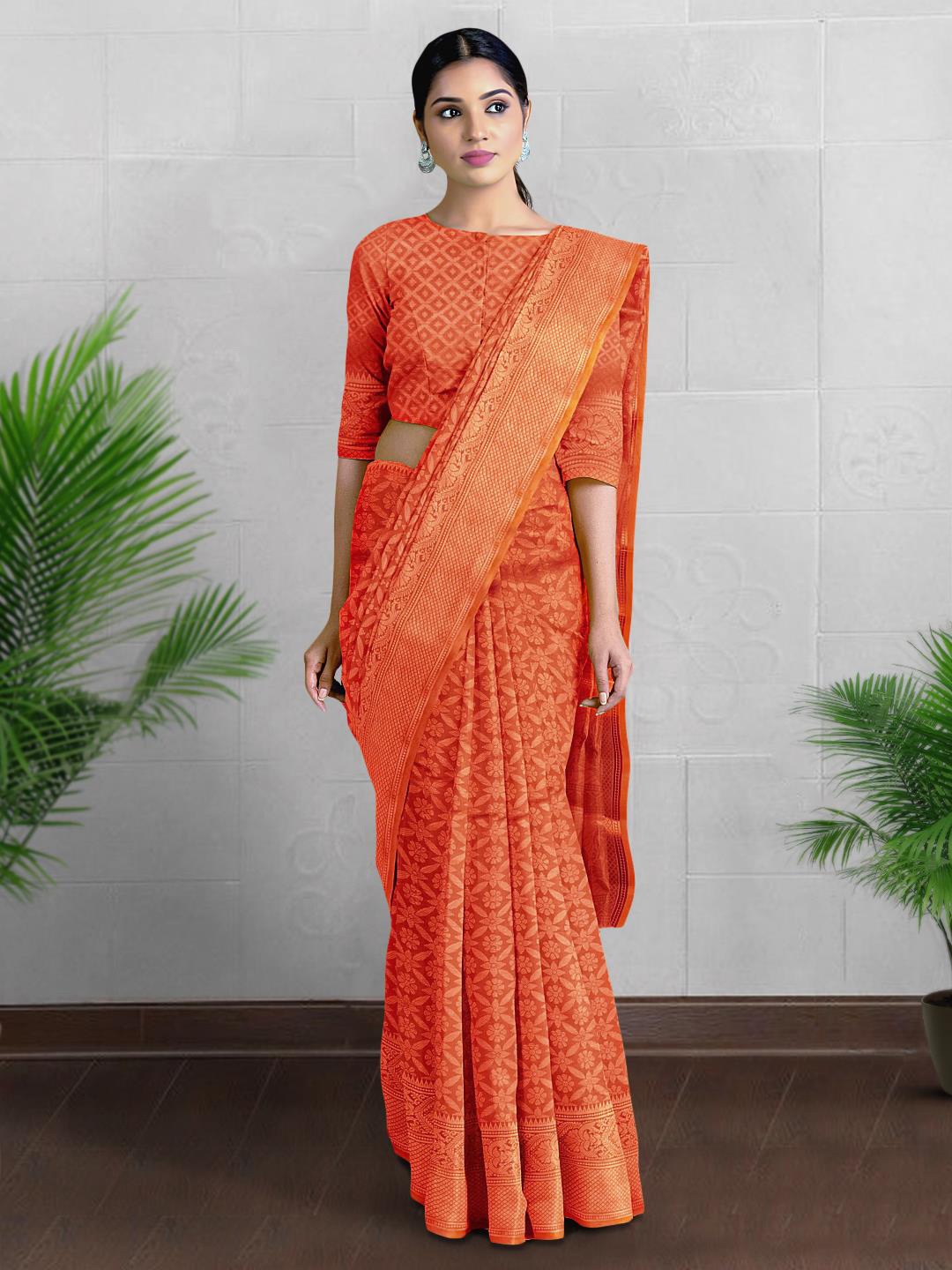 

Kalamandir Zari Ajrak Block Print Saree, Rust