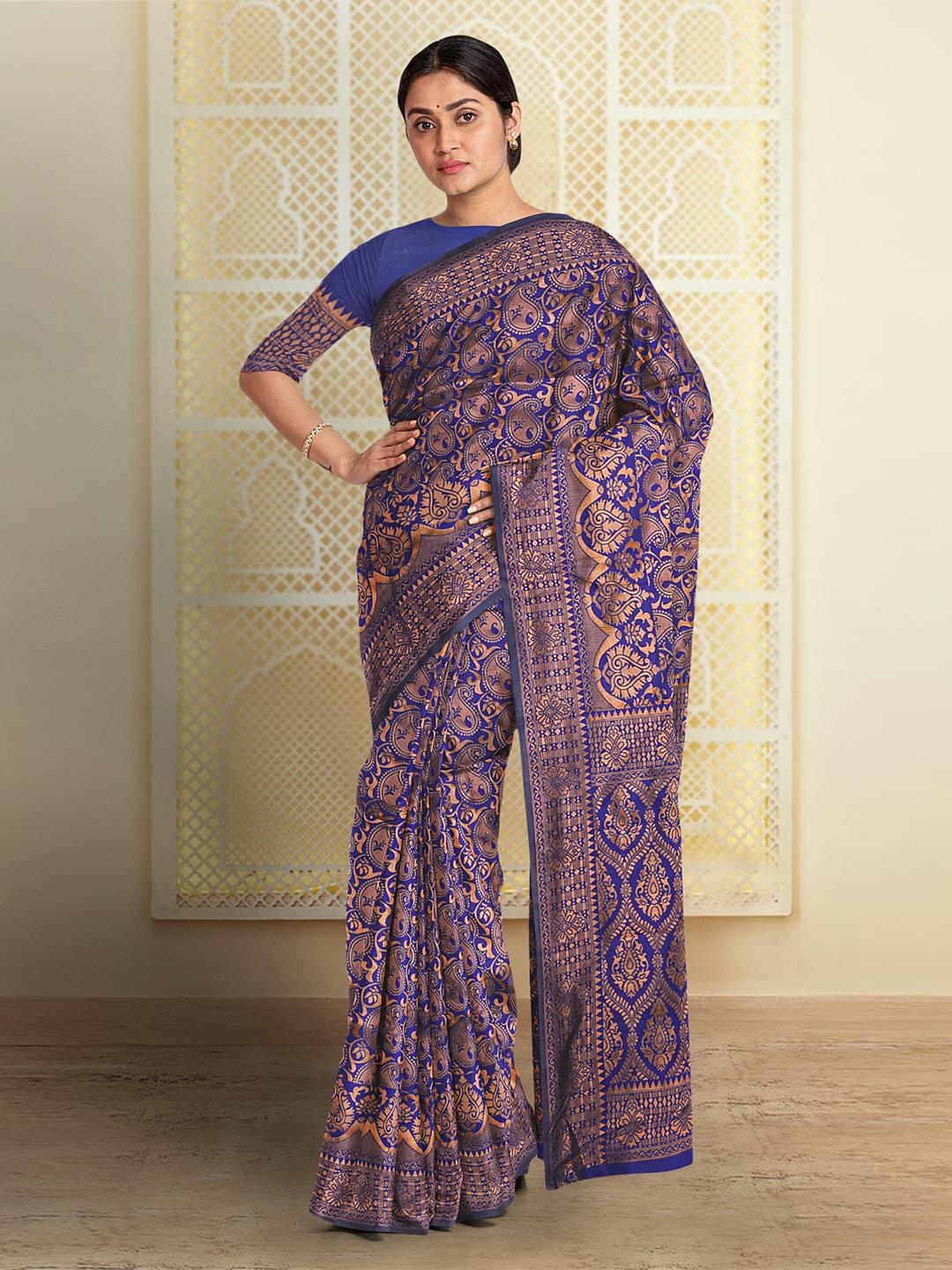 

Kalamandir Ethnic Motifs Zari Saree, Navy blue