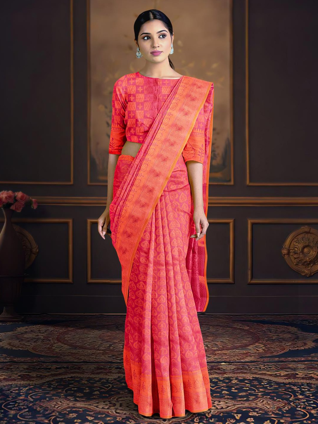 

Kalamandir Ethnic Motif Woven Design Zari Saree, Pink