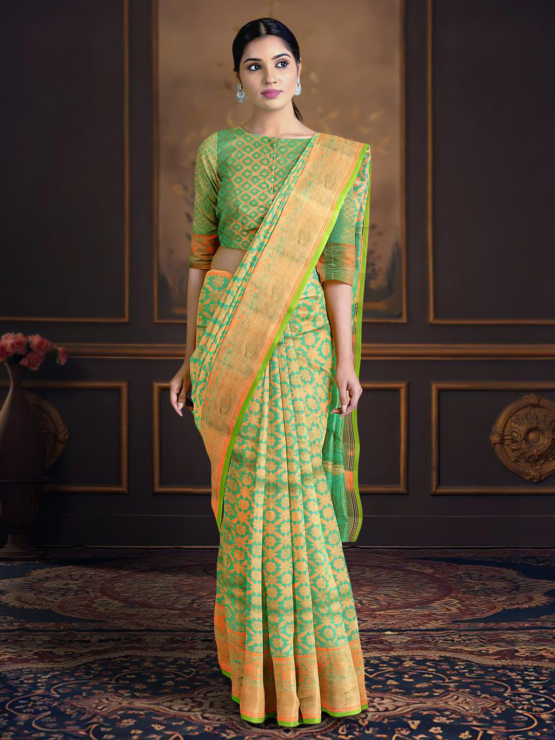 

Kalamandir Ajrakh Woven Design Zari Saree, Sea green
