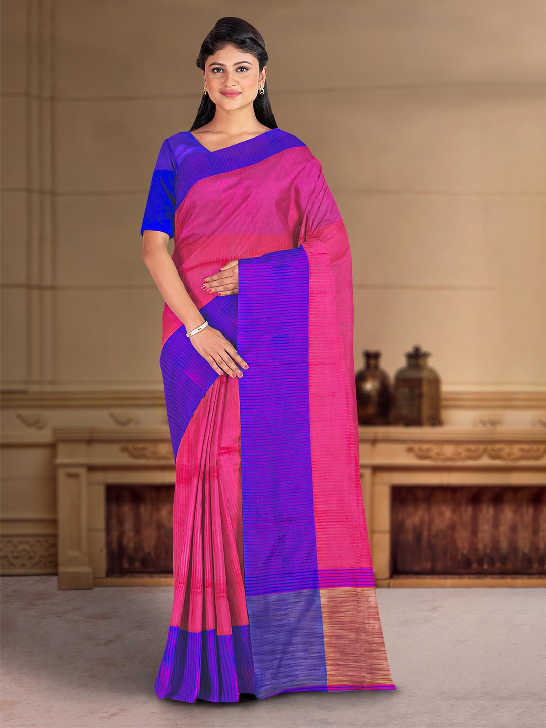 

Kalamandir Striped Saree With Contrast Border, Pink