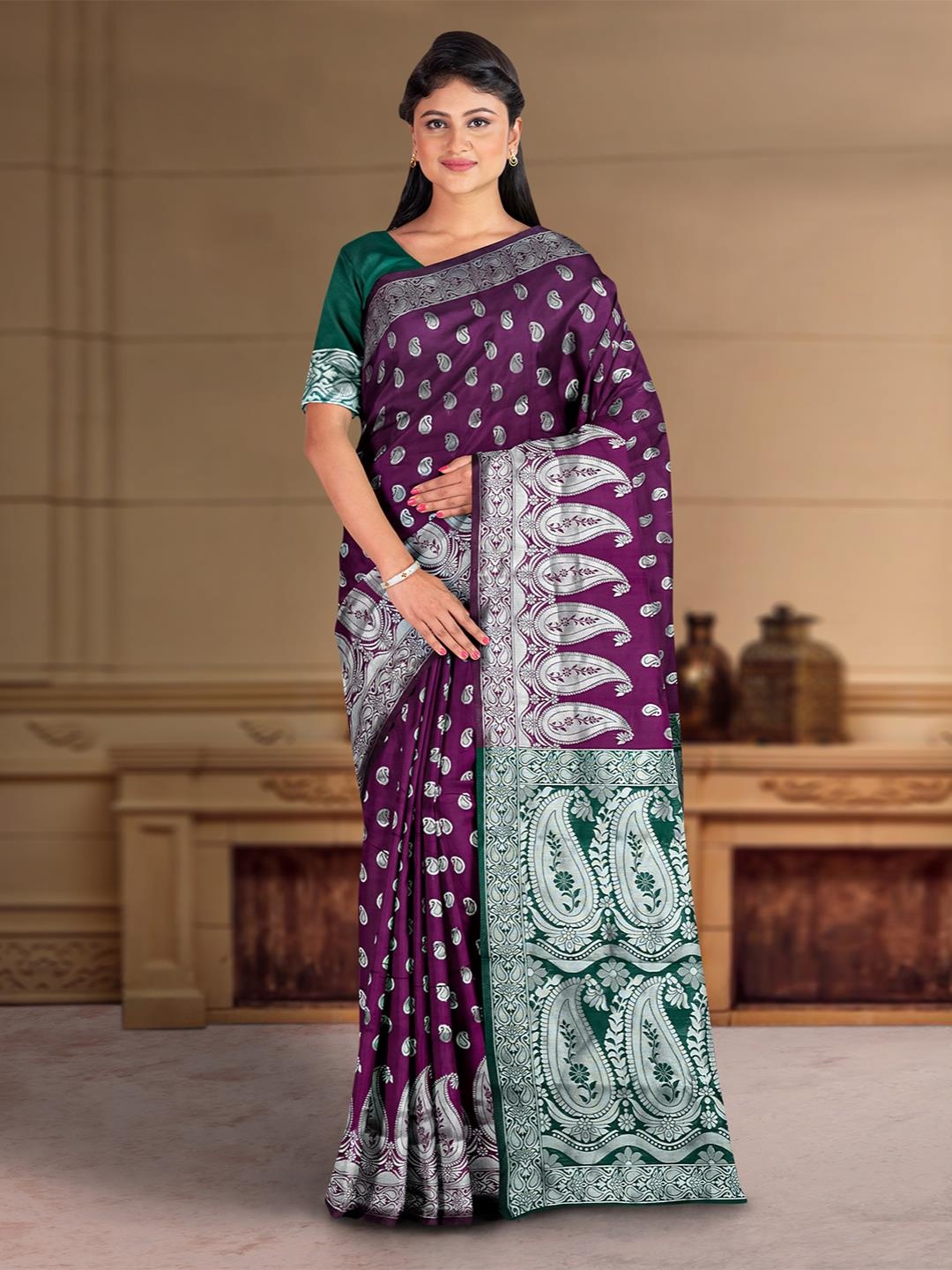 

Kalamandir Paisley Motifs Woven Design Zari Saree, Purple