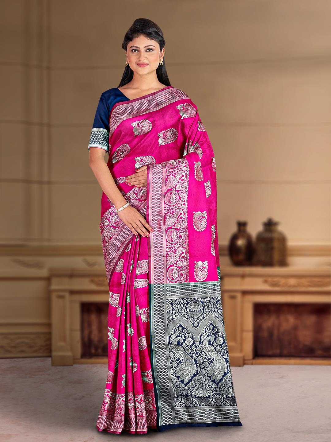 

Kalamandir Ethnic Motifs Silk Blend Zari Saree, Pink