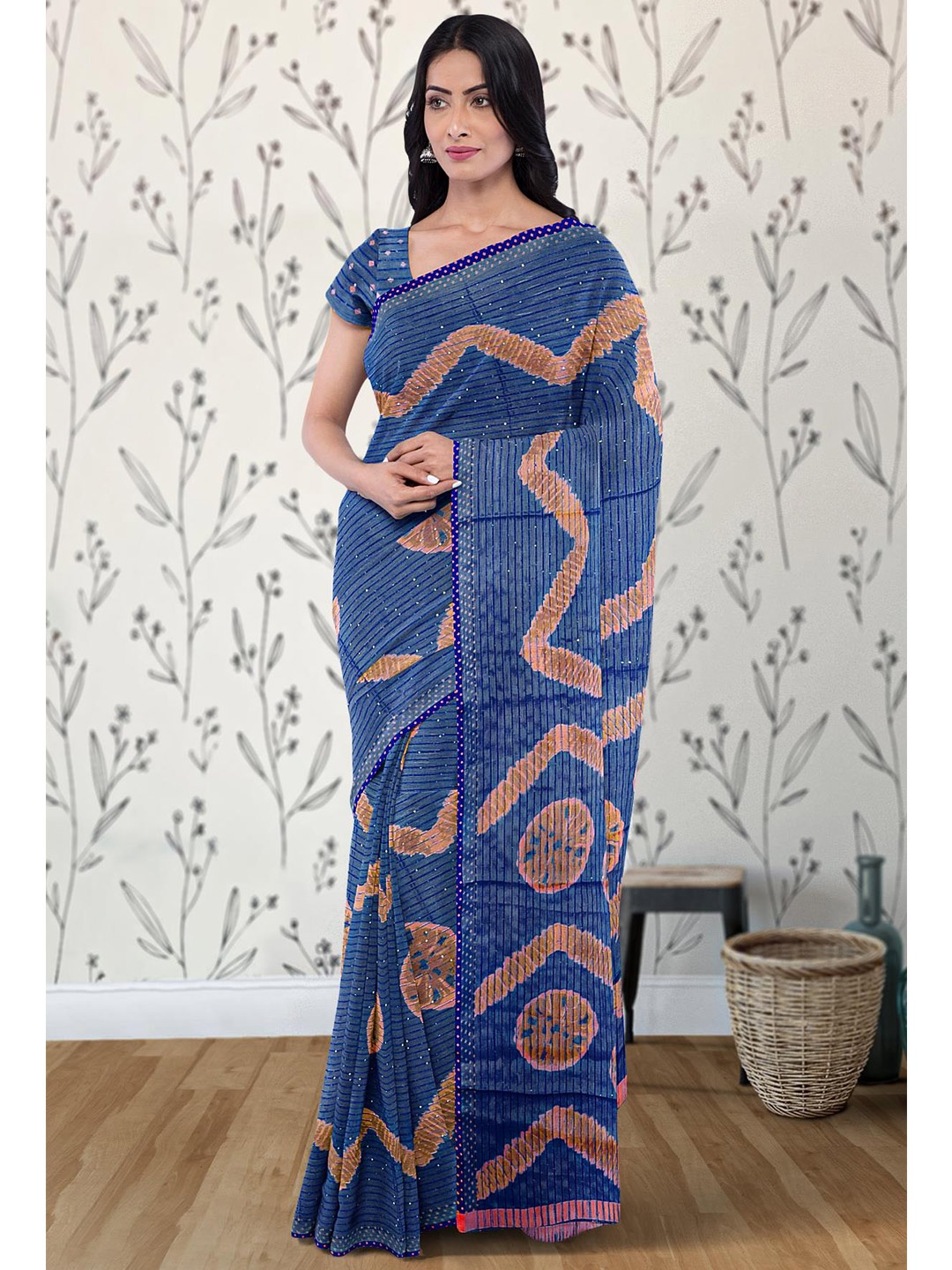 

Kalamandir Geometric Sequinned Silk Blend Saree, Blue