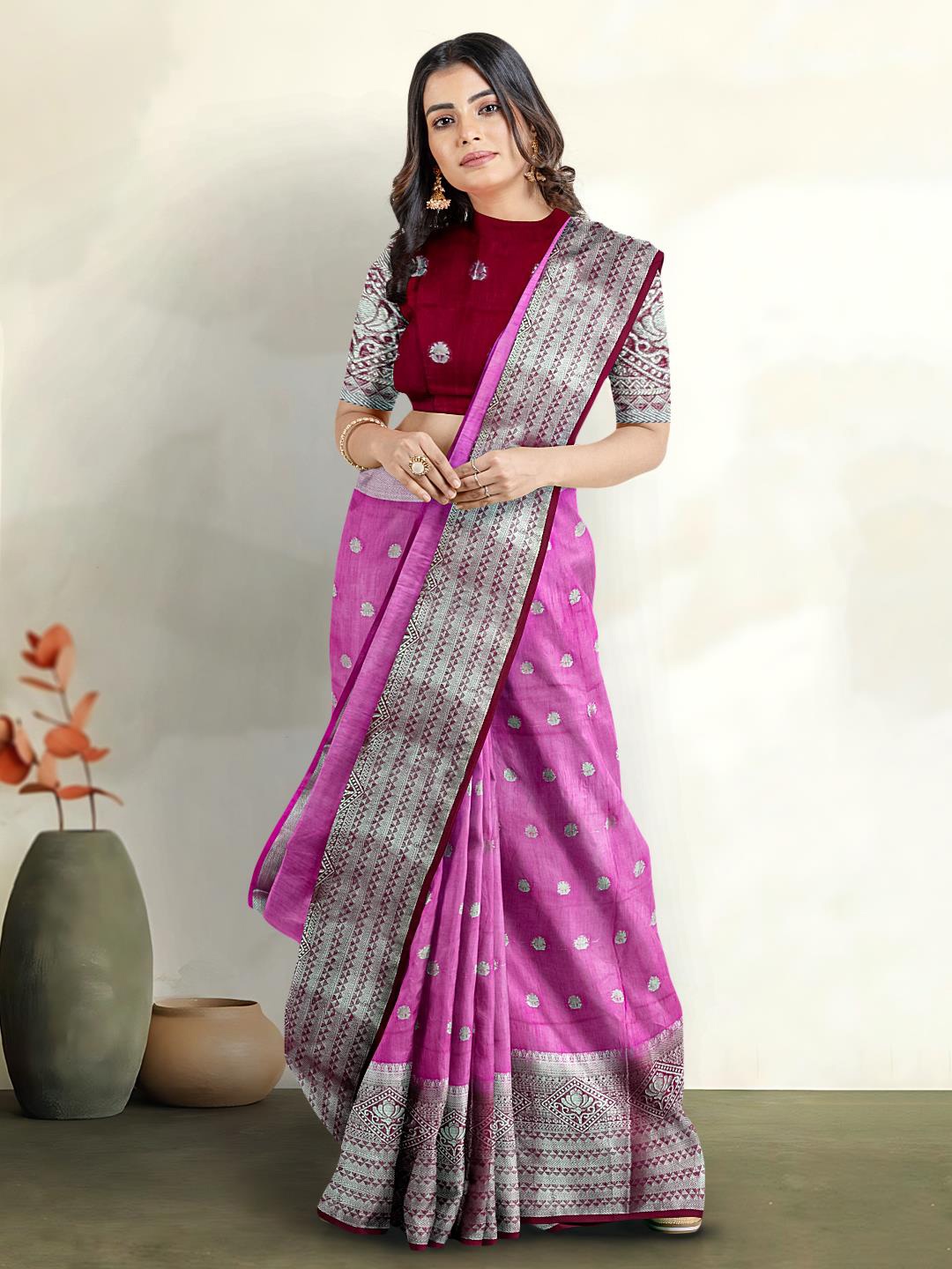 

Kalamandir Ethnic Motif Silk Blend Zari Saree, Pink