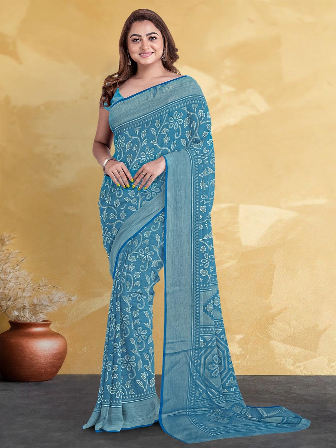 

Kalamandir Floral Printed Zari Saree, Blue