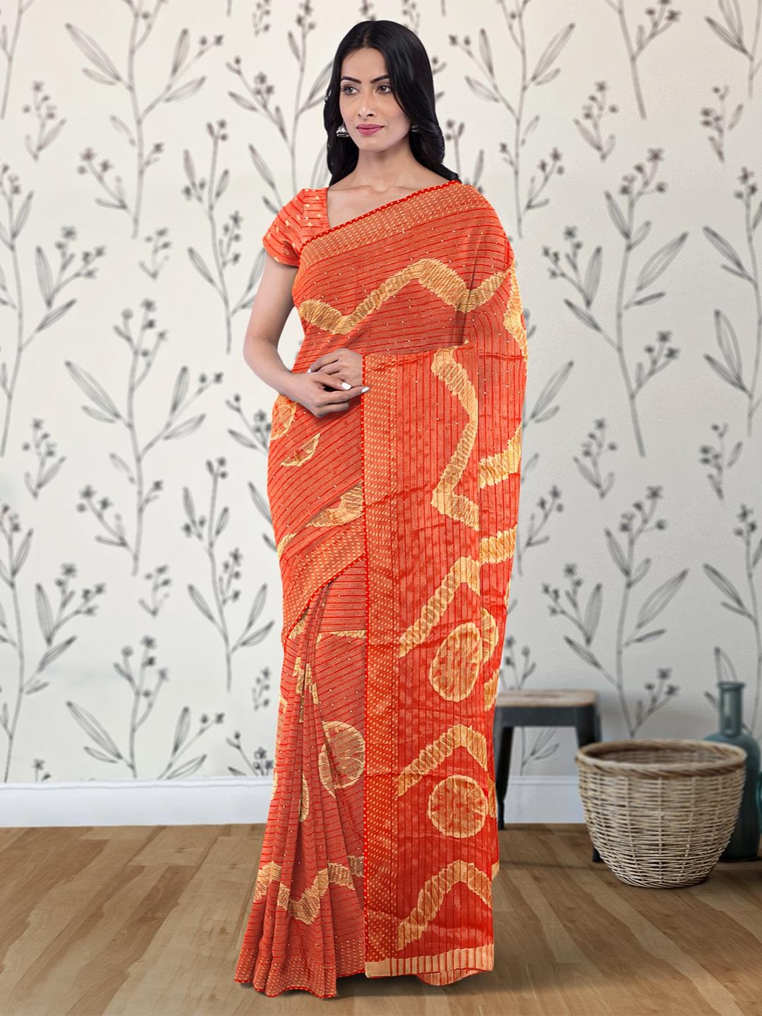 Kalamandir Sequinned Geometric Printed Silk Blend Saree, Red