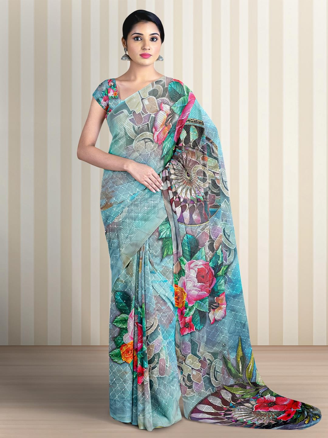 

Kalamandir Floral Sequinned Silk Blend Saree, Blue