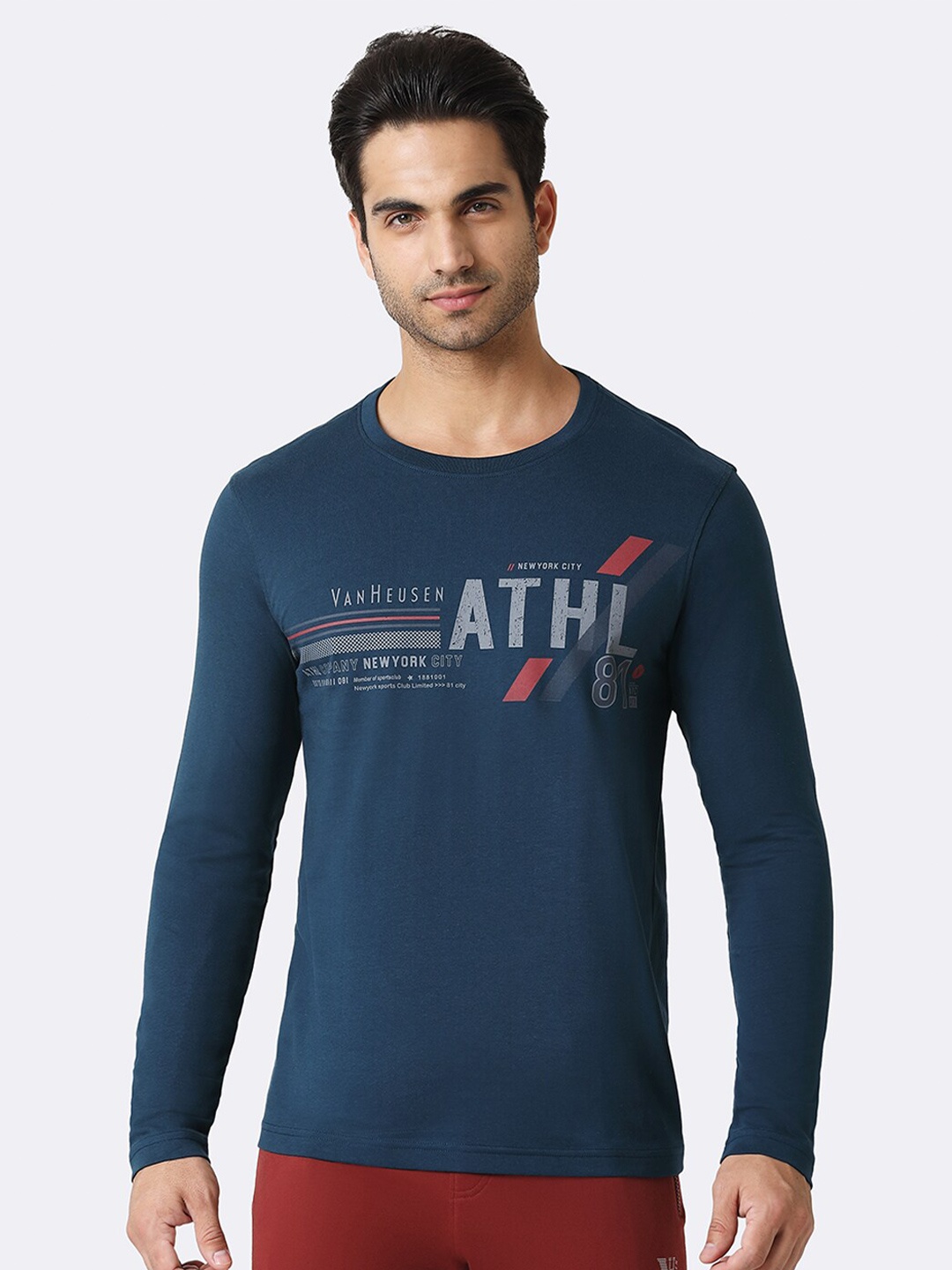 Van Heusen Athleisure Printed Crew Neck Long Sleeve T-Shirt, Navy blue