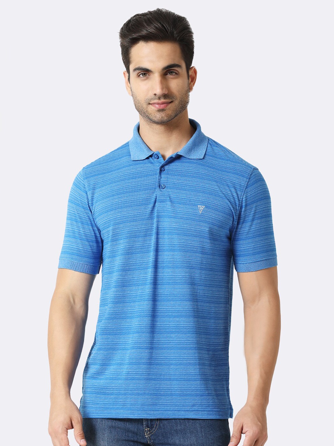 

Van Heusen Striped Polo Collar Cotton T-shirt, Blue