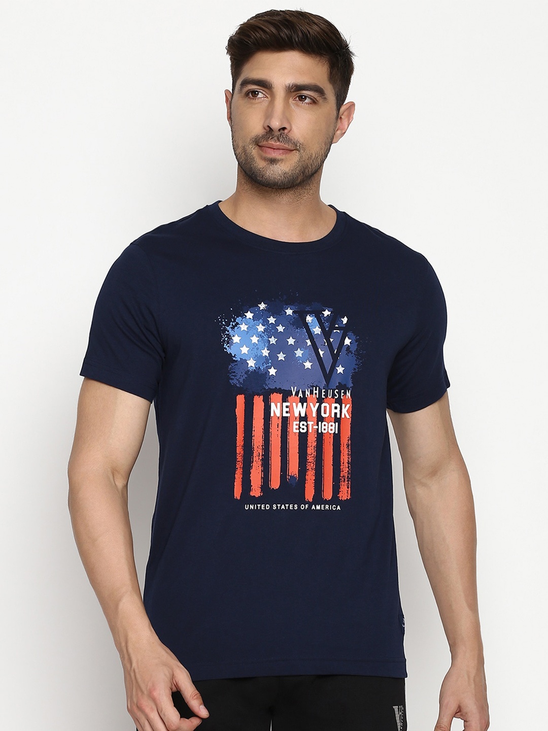 

Van Heusen Athleisure Men Chest Print Crew Neck Short Sleeve T-Shirt, Navy blue
