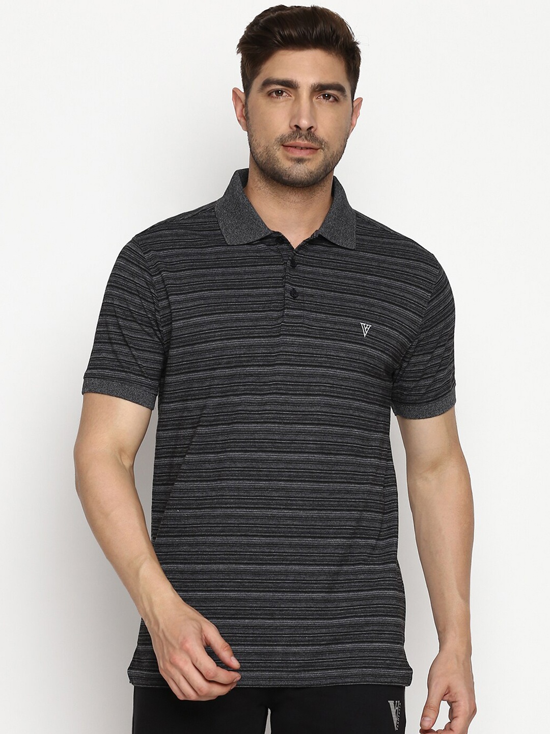 

Van Heusen Striped Polo Collar Cotton T-shirt, Black