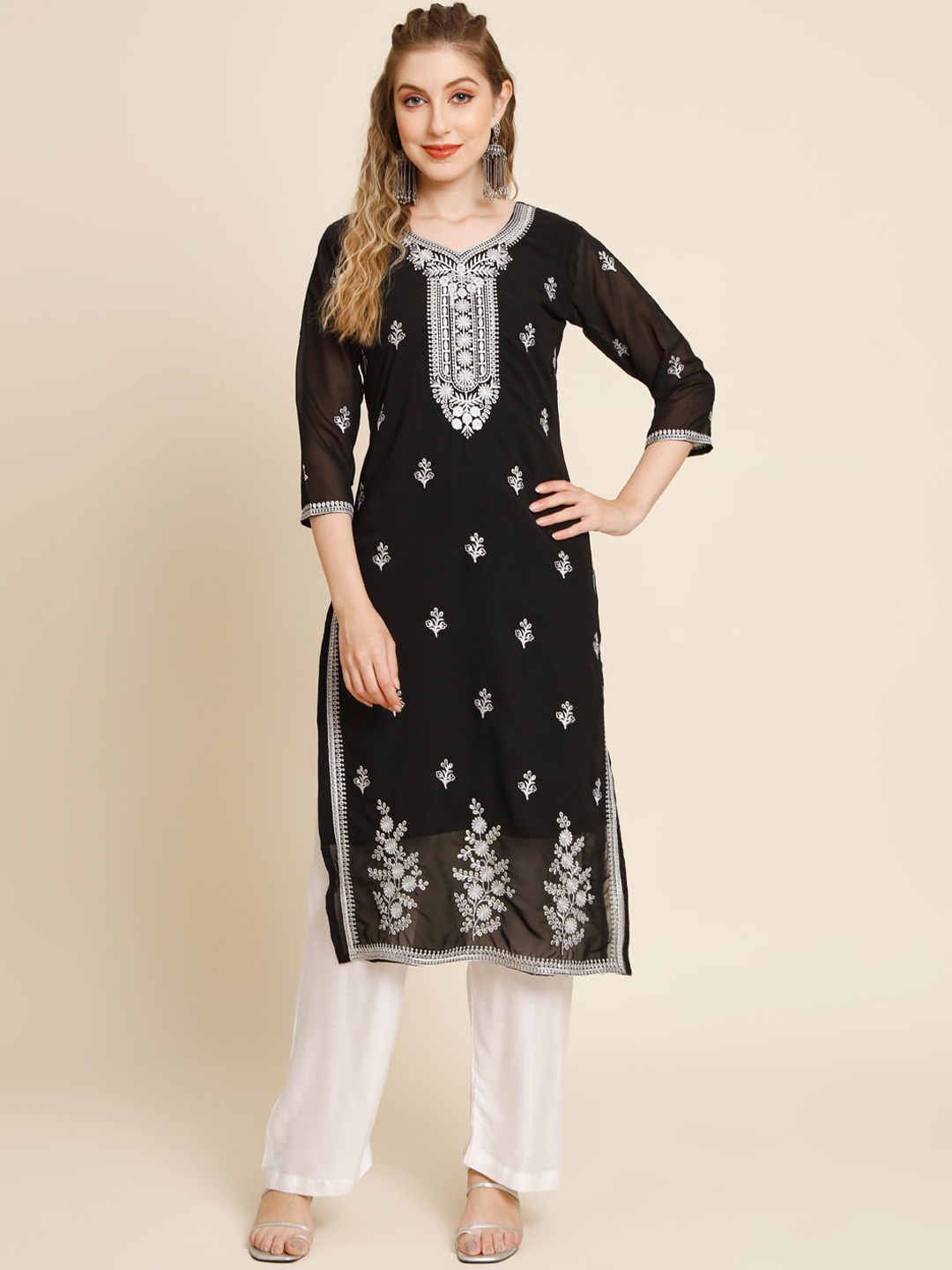 

HERE&NOW Ethnic Motifs Embroidered Sequined Georgette Kurta, Black