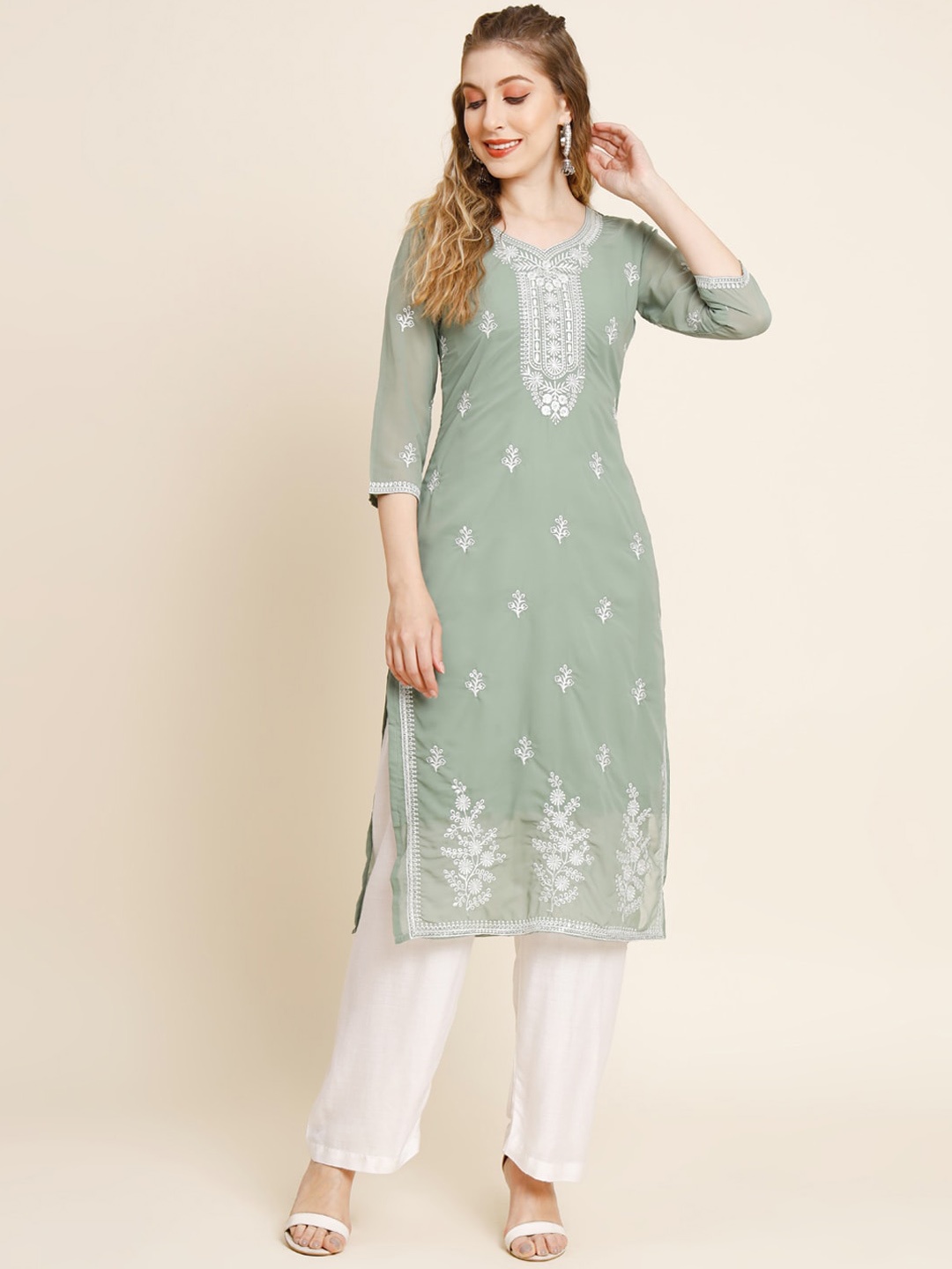 

HERE&NOW Ethnic Motifs Embroidered Thread Work Georgette Kurta, Olive