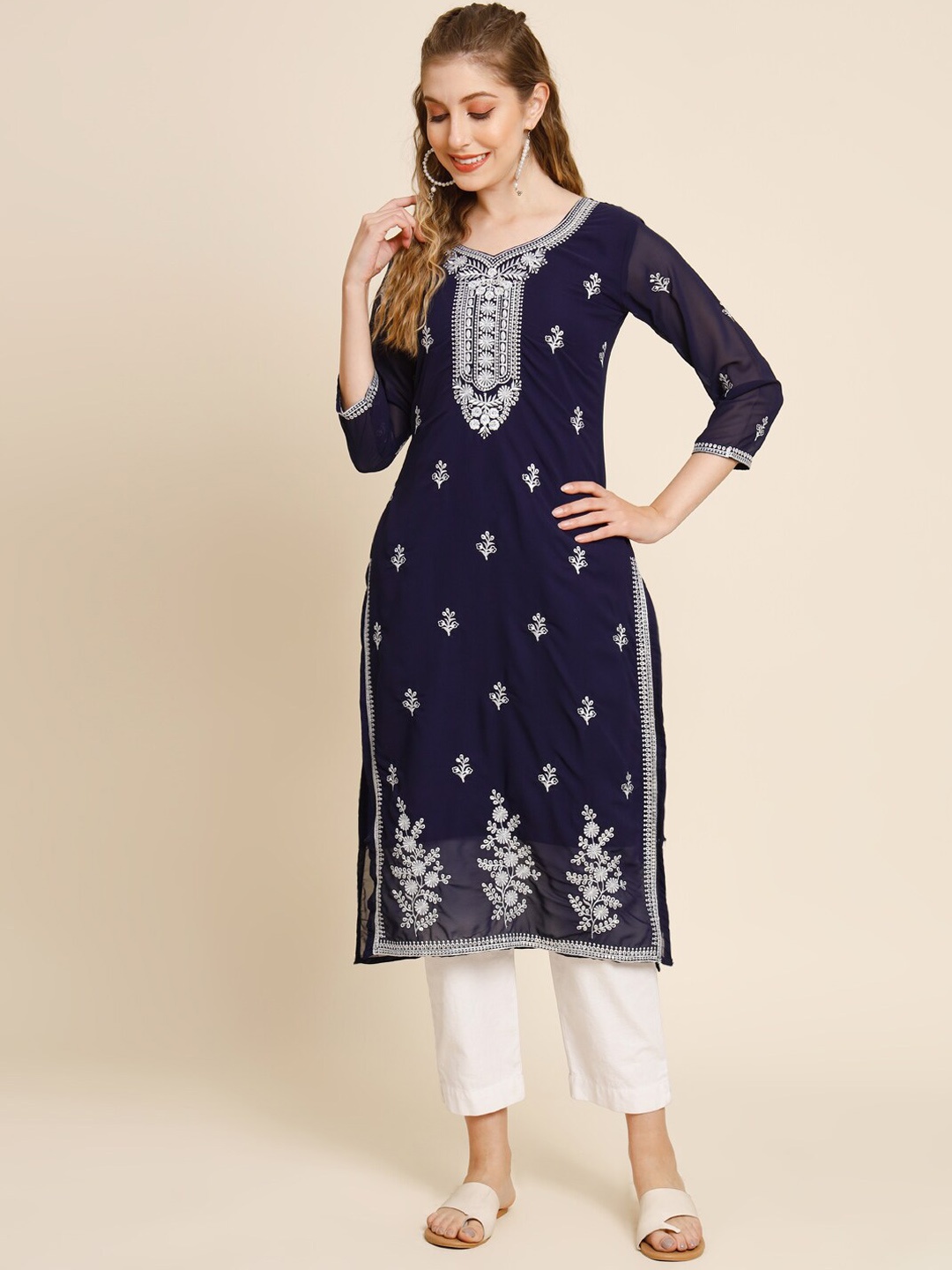 

HERE&NOW Ethnic Motifs Embroidered Georgette Kurta, Navy blue
