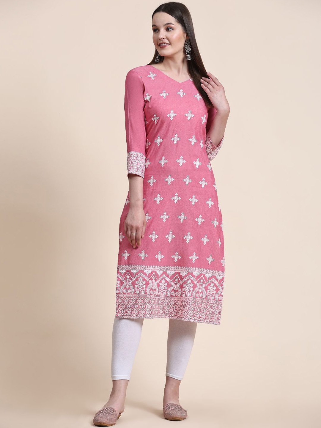 

HERE&NOW Ethnic Motifs Embroidered Pure Cotton Kurta, Pink