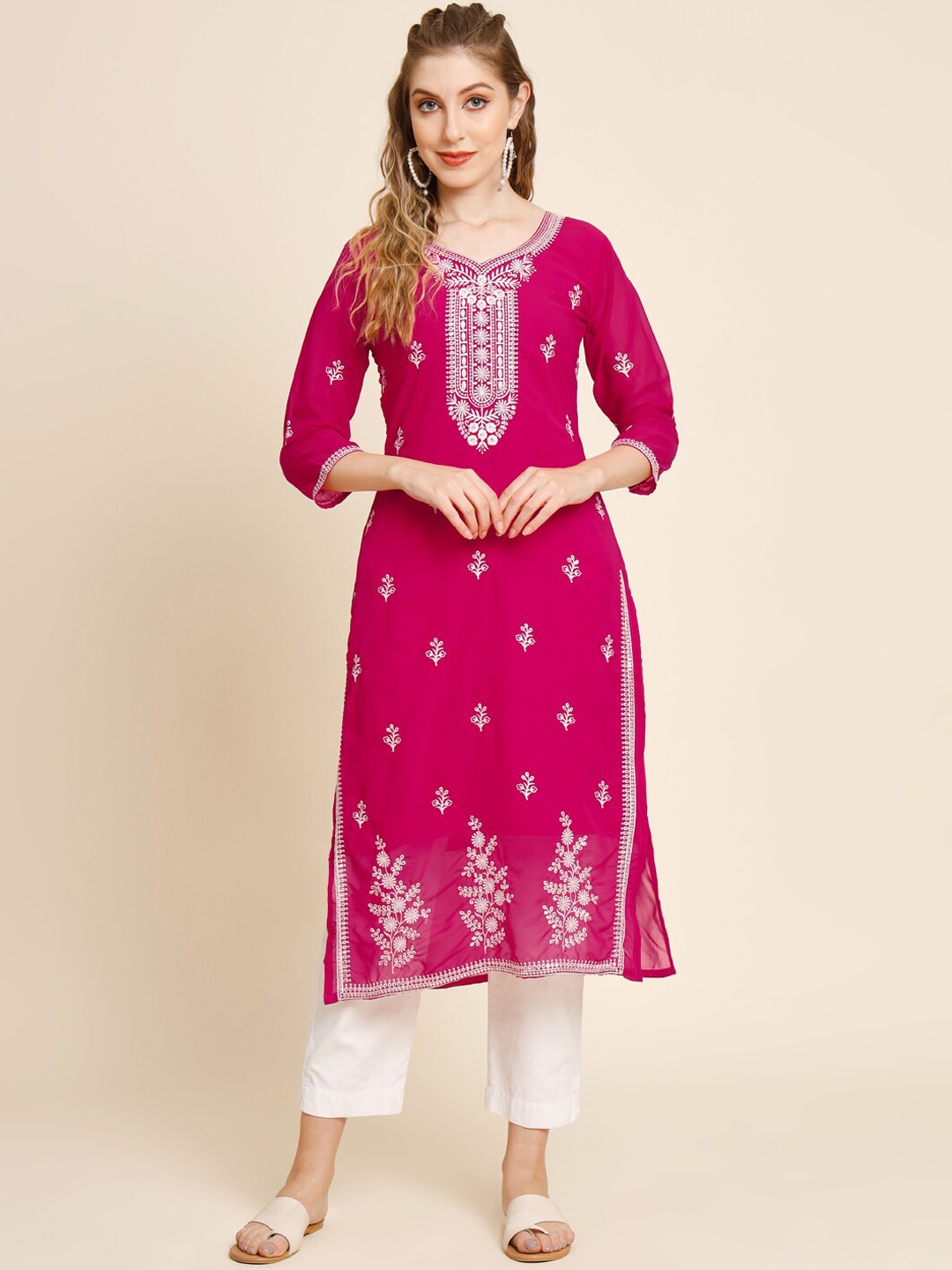 HERE&NOW Ethnic Motifs Embroidered Thread Work Georgette Kurta, Pink