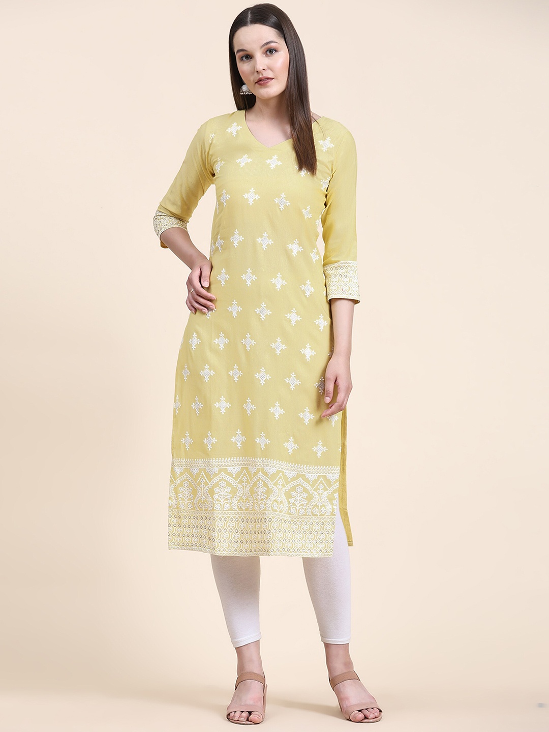 

HERE&NOW Ethnic Motifs Embroidered Pure Cotton Kurta, Yellow
