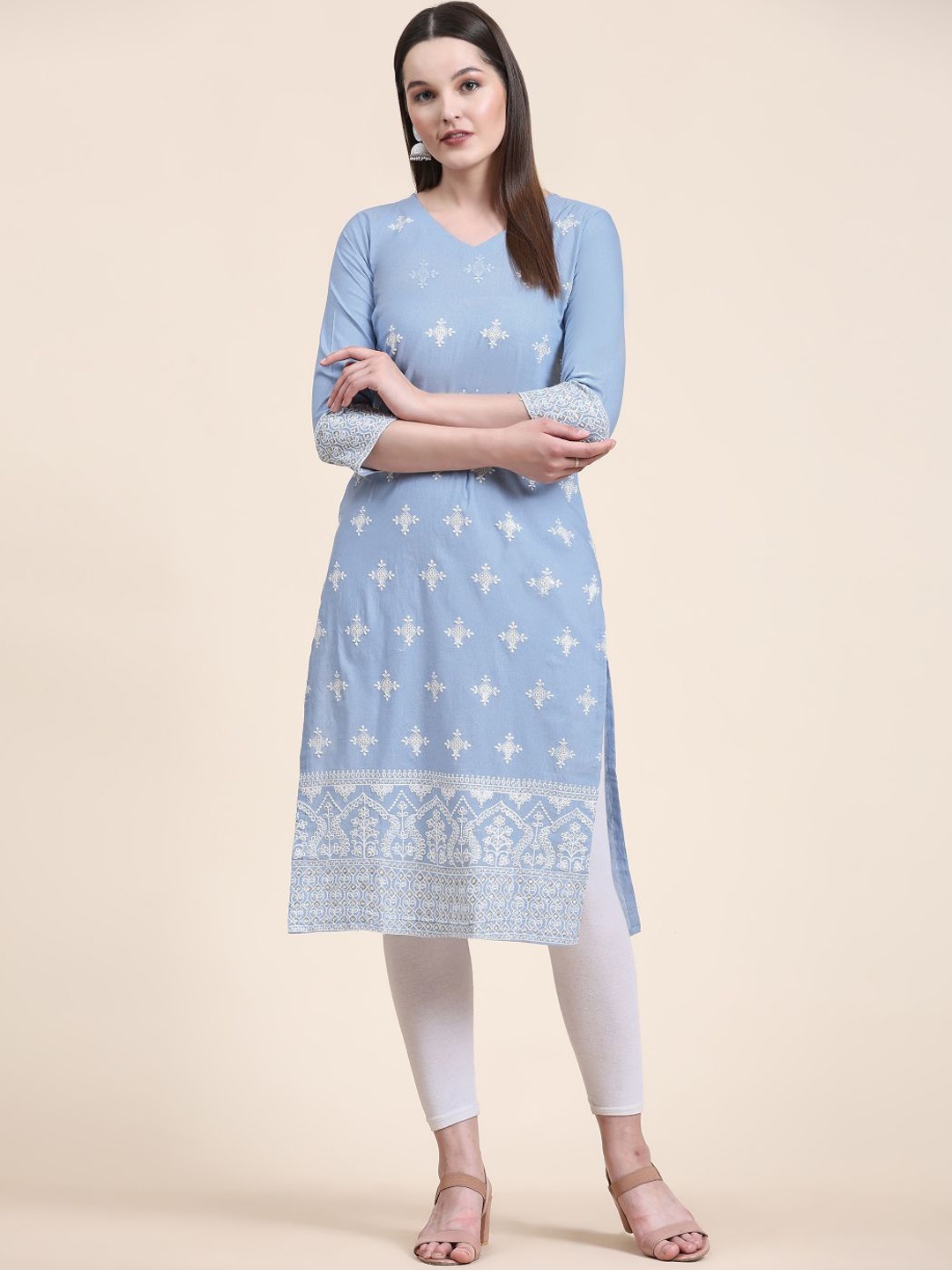 

HERE&NOW Ethnic Motifs Embroidered Pure Cotton Kurta, Blue