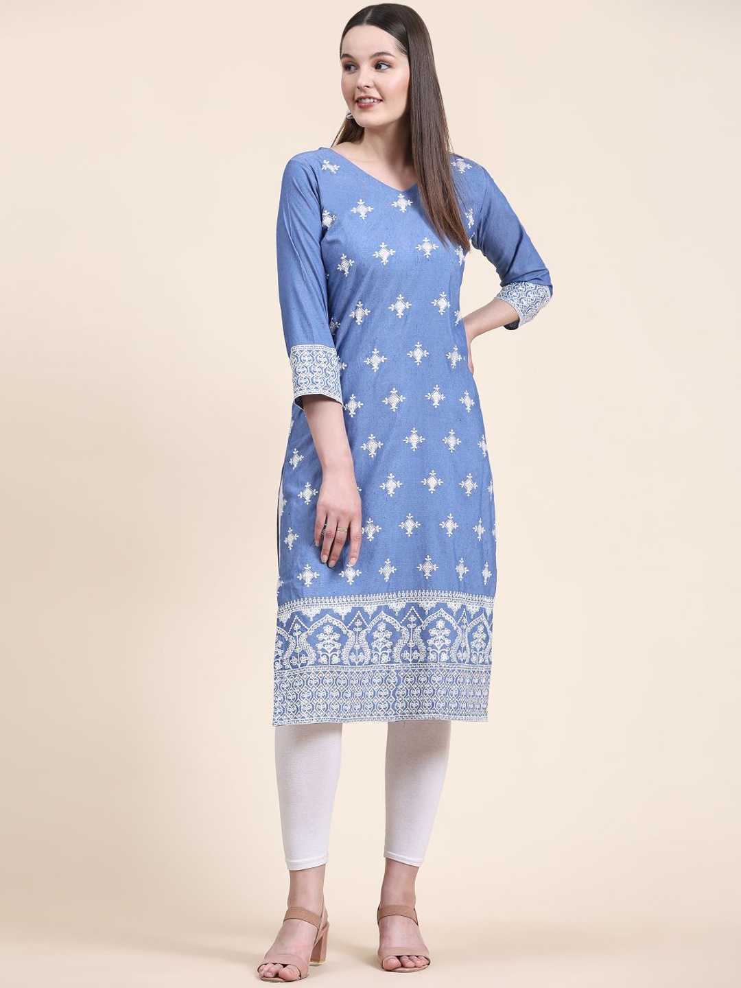 

HERE&NOW Ethnic Motifs Embroidered Pure Cotton Kurta, Blue