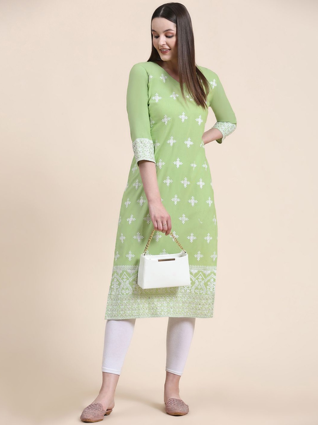 

HERE&NOW Ethnic Motifs Embroidered Pure Cotton Kurta, Green