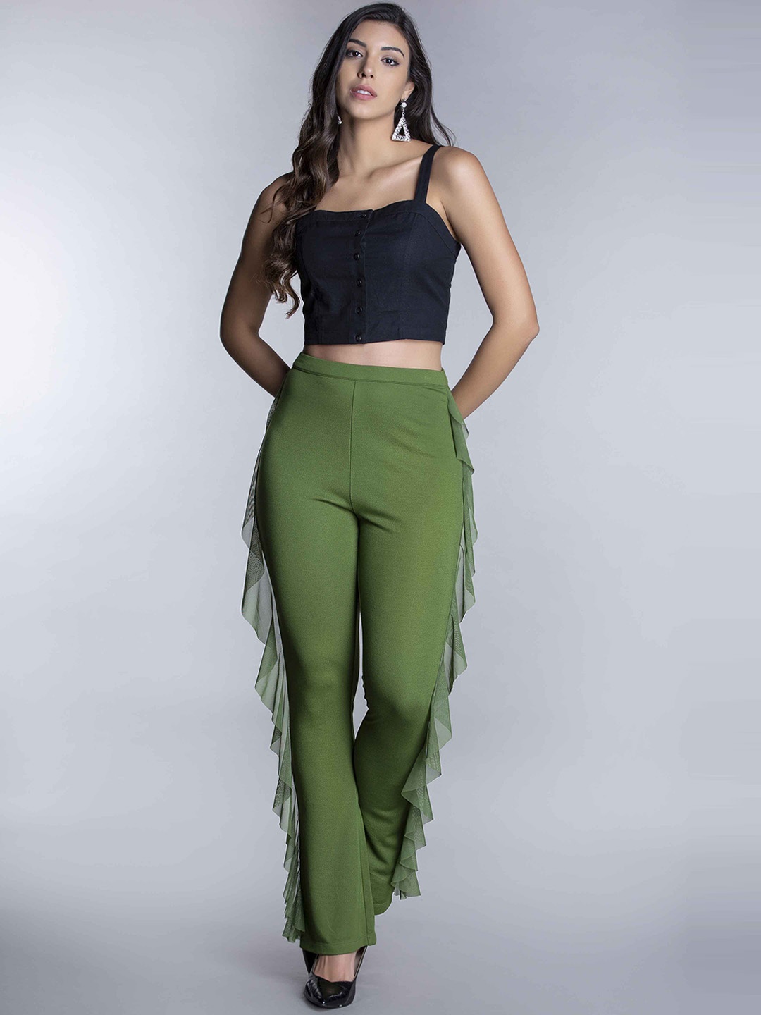 

MKOAL Women Smart Straight Fit High-Rise Trousers, Green