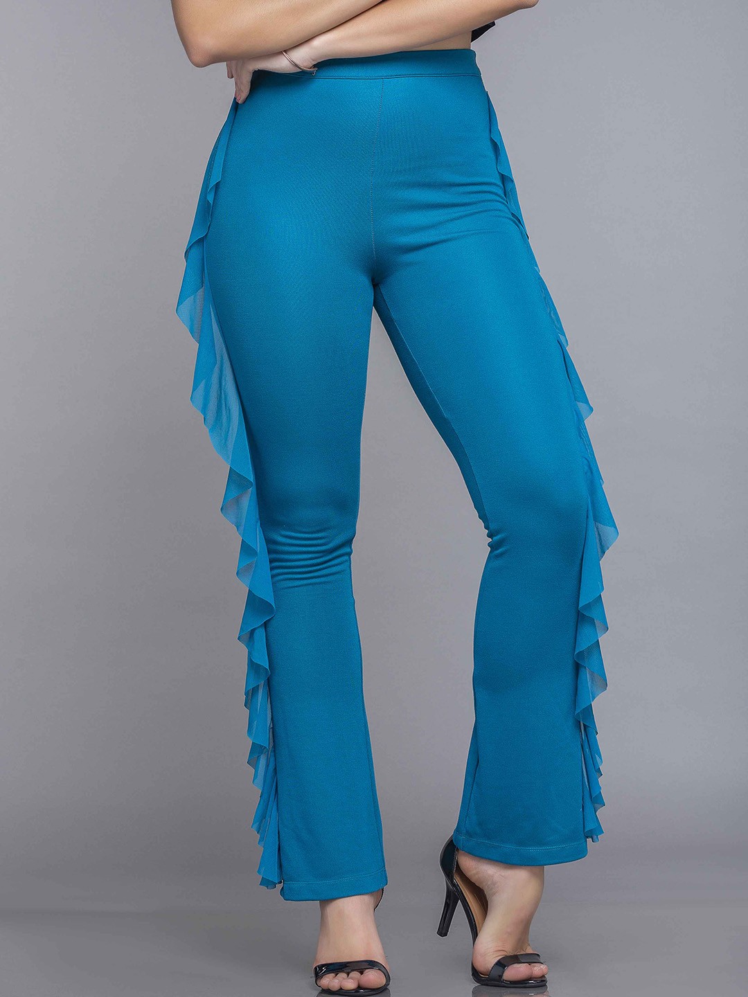 

MKOAL Women Smart Straight Fit High-Rise Trousers, Turquoise blue