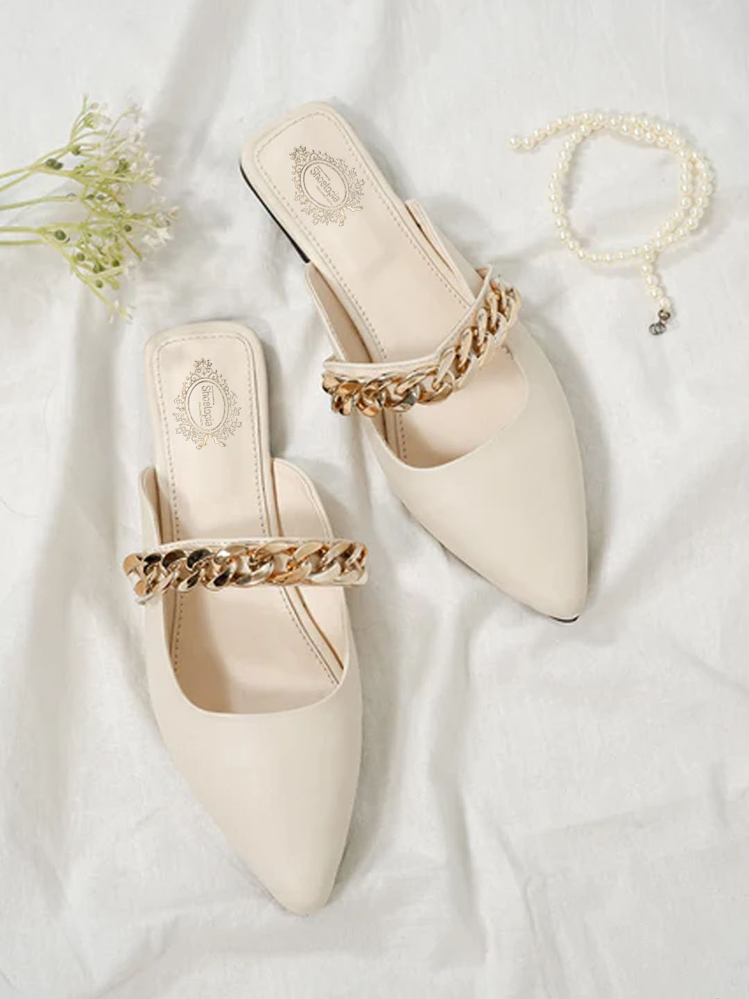 

Shoetopia Women Embellished Pointed Toe Mules, Cream