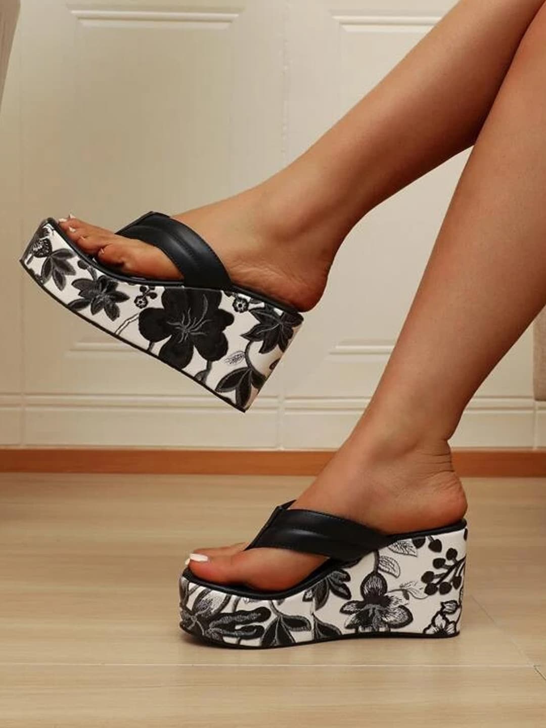 

Shoetopia Floral Printed Open Toe Wedges, Black