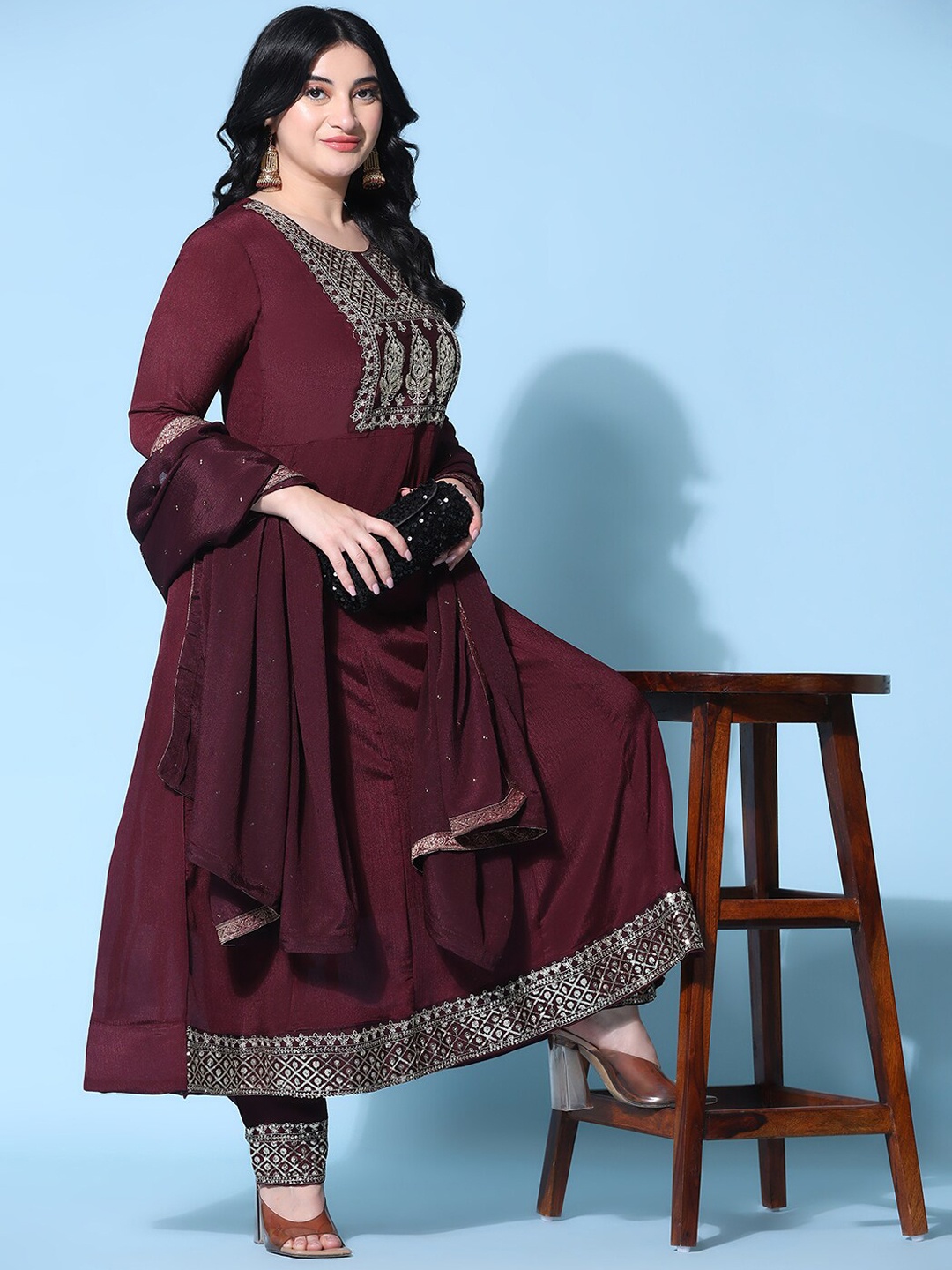 

Ziva Fashion Embroidered Sequined Anarkali Pure Silk Kurta with Trousers & Dupatta, Maroon