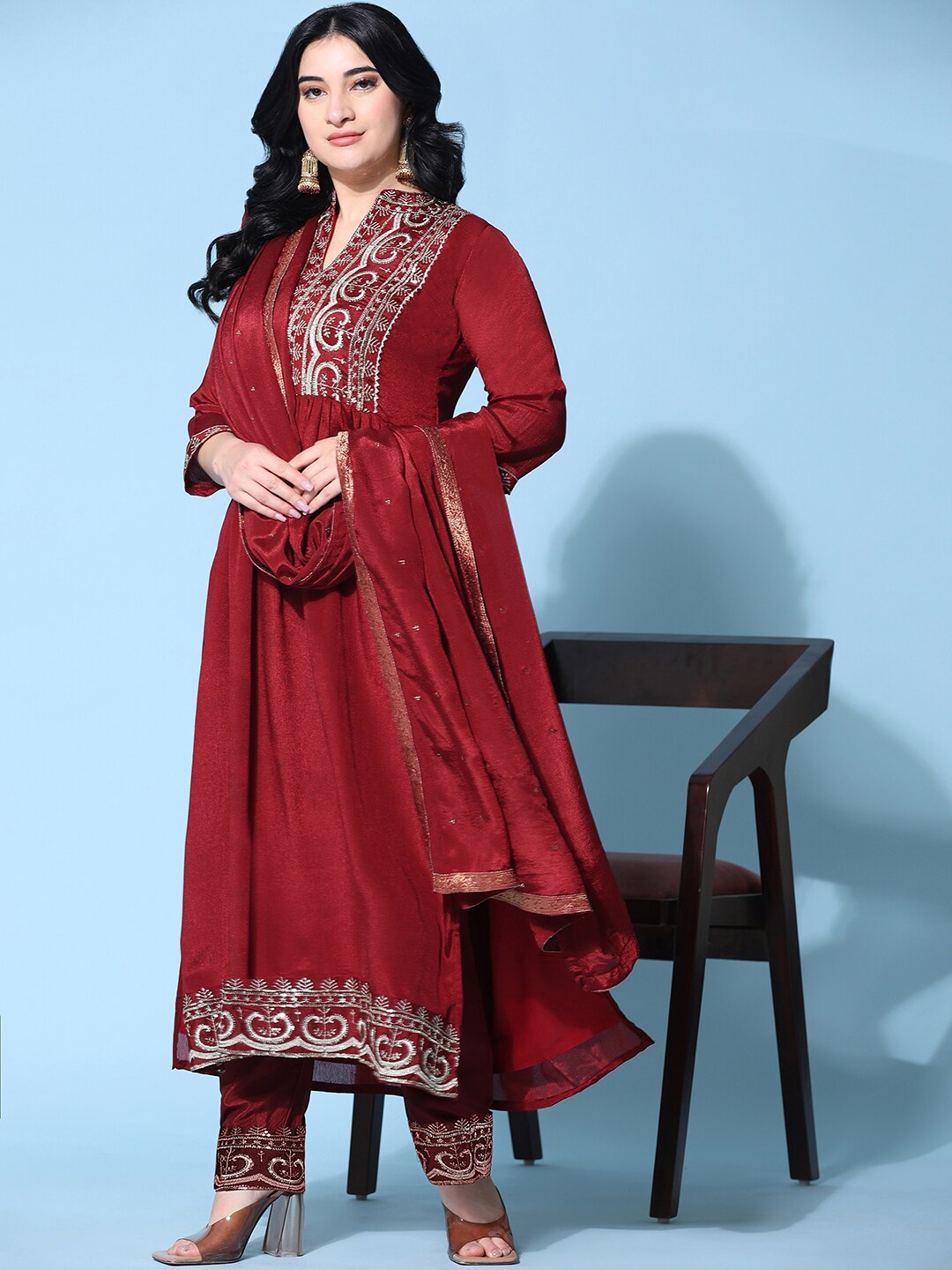 

Ziva Fashion Ethnic Motifs Yoke Design Pleated Pure Silk Kurta with Trousers & Dupatta, Red