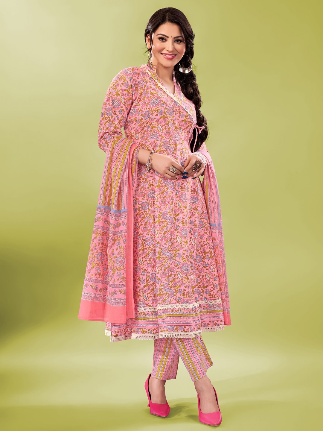 

Ziva Fashion Floral Printed Angrakha Pure Cotton Kurta with Trousers & With Dupatta, Pink