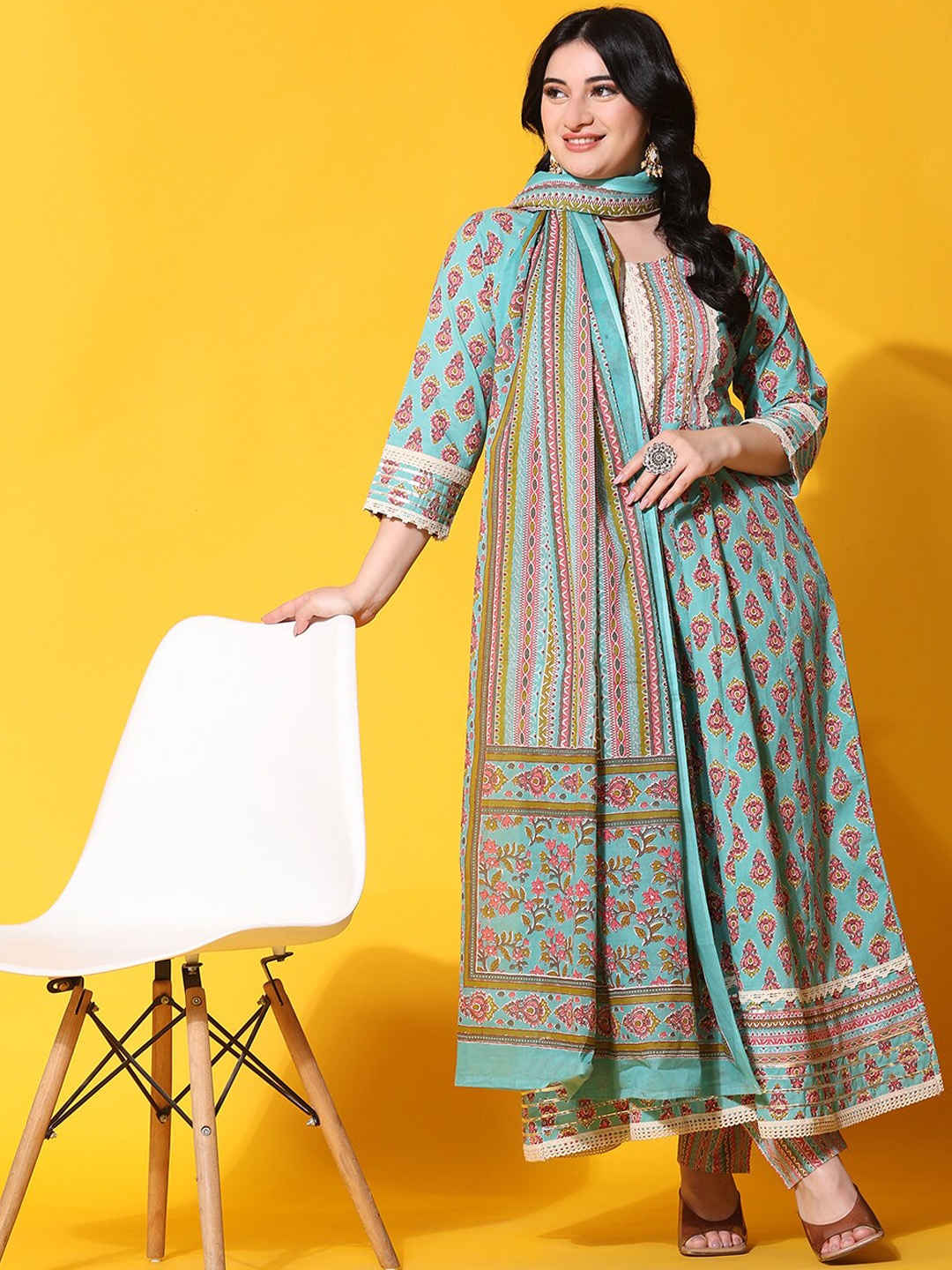 

Ziva Fashion Ethnic Motifs Printed Gotta Patti Pure Cotton Kurta with Trousers & Dupatta, Green