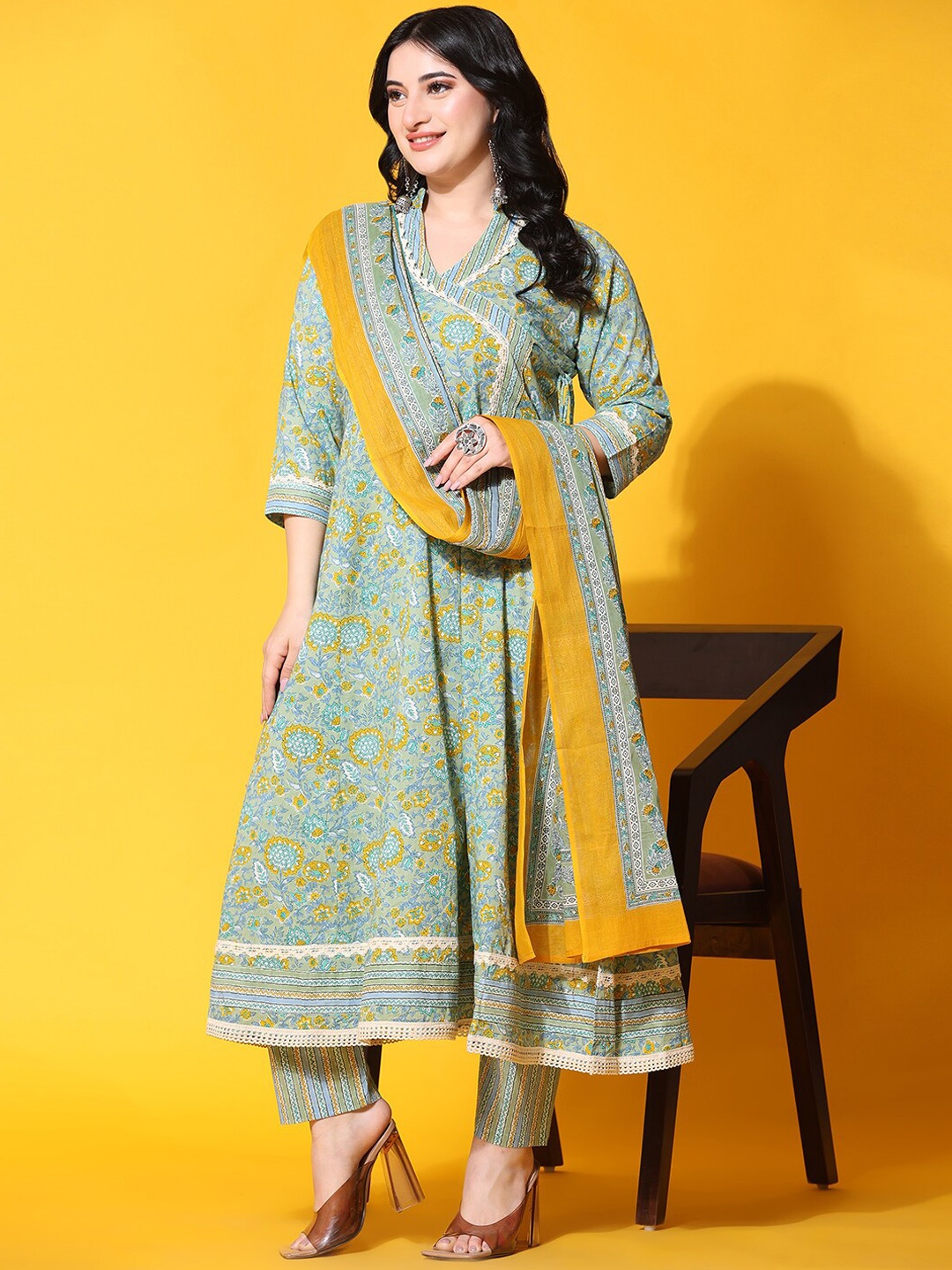 

Ziva Fashion Floral Printed Anarkali Pure Cotton Kurta with Trousers & Dupatta, Green