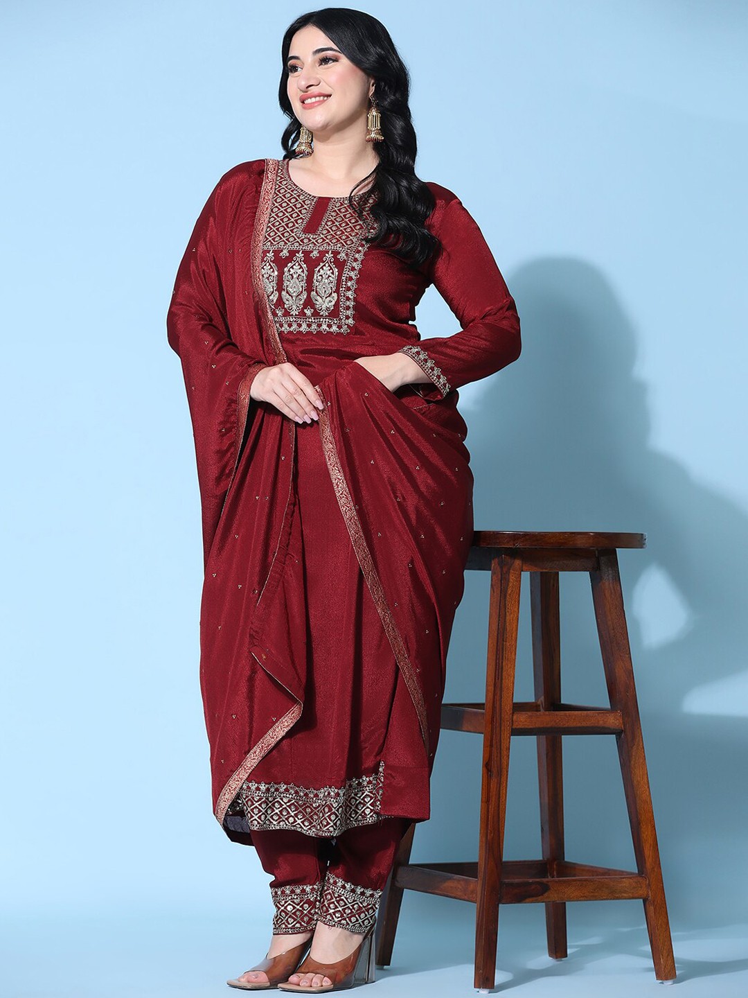 

Ziva Fashion Ethnic Motifs Yoke Design Pure Silk Anarkali Kurta with Trousers & Dupatta, Red