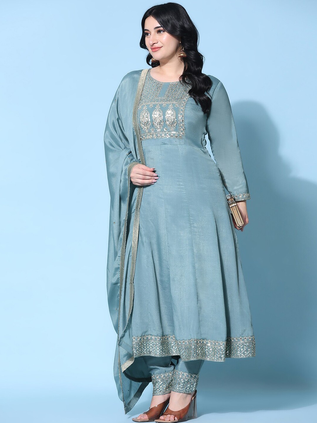 

Ziva Fashion Ethnic Motifs Yoke Design Pure Silk Anarkali Kurta with Trousers & Dupatta, Green