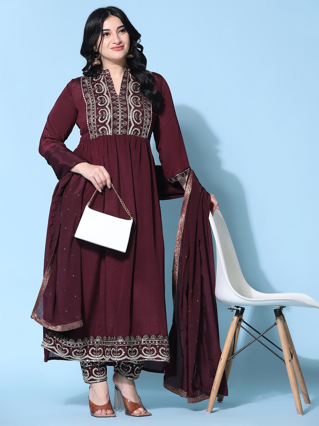 

Ziva Fashion Ethnic Motifs Embroidered Sequined Pure Silk Kurta with Trousers & Dupatta, Maroon