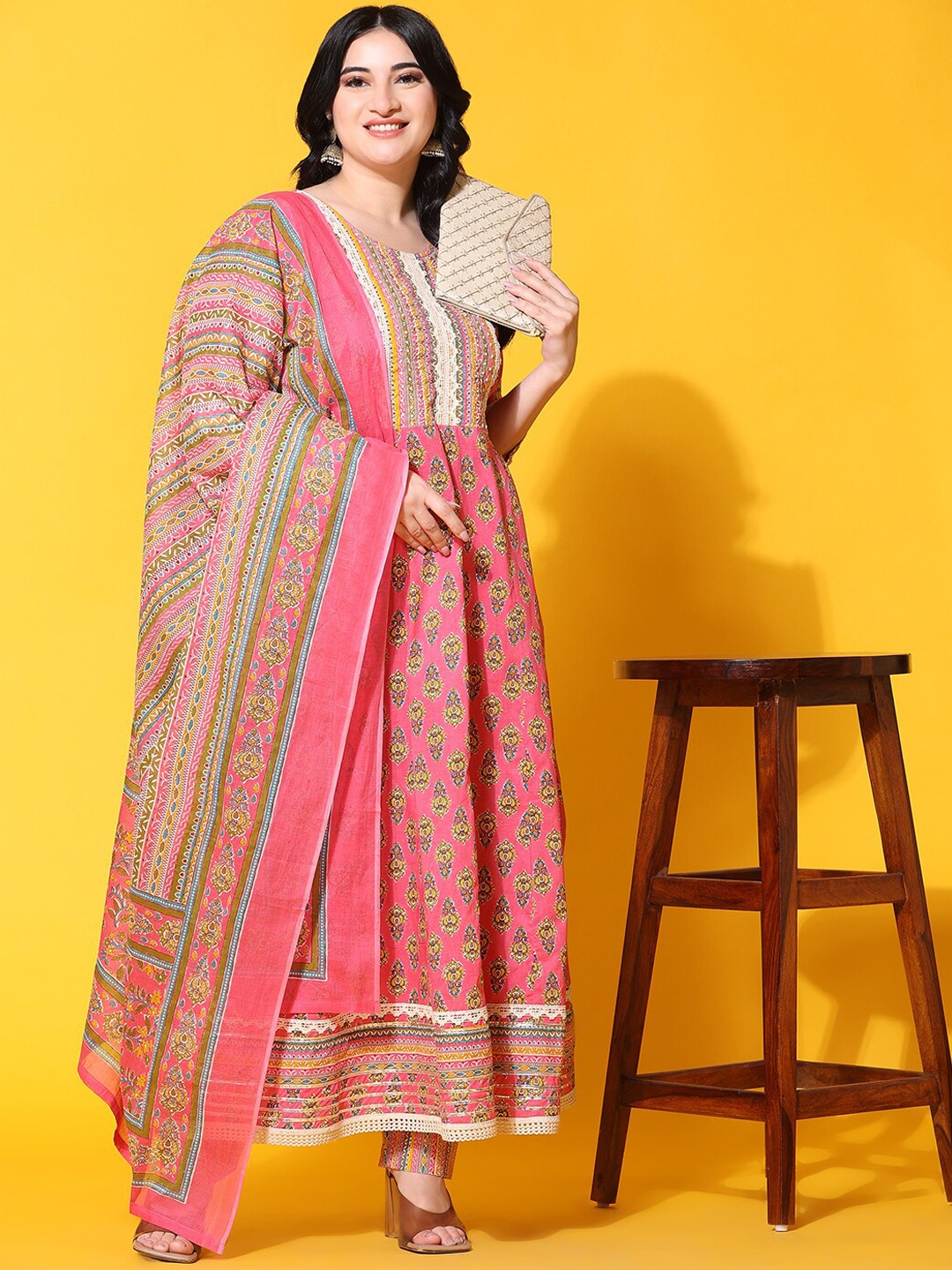 

Ziva Fashion Ethnic Motifs Printed Pure Cotton Kurta with Trousers & With Dupatta, Pink