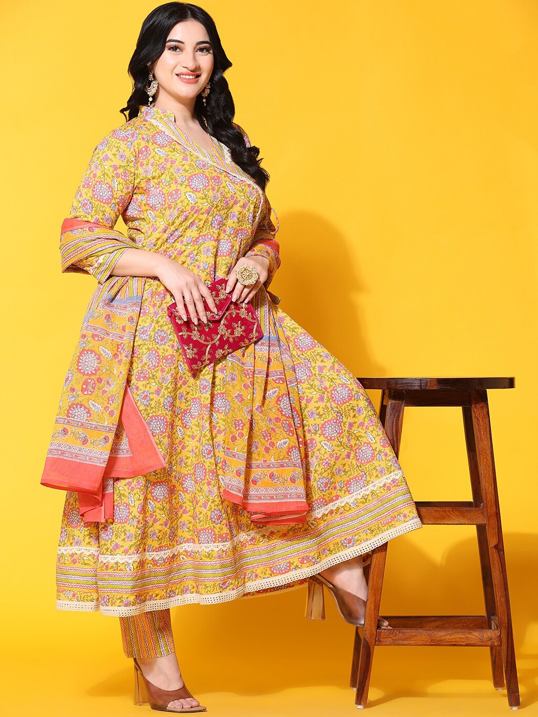 

Ziva Fashion Floral Printed Anarkali Pure Cotton Kurta with Trousers & Dupatta, Mustard