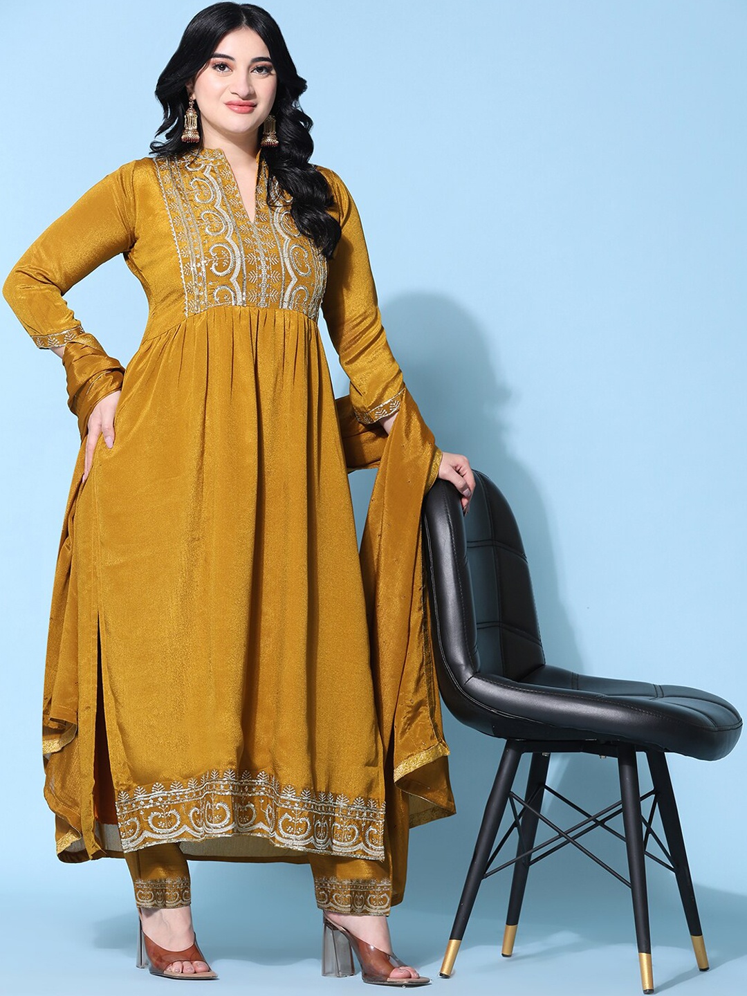 

Ziva Fashion Ethnic Motifs Embroidered Sequined Pure Silk Kurta with Trousers & Dupatta, Mustard