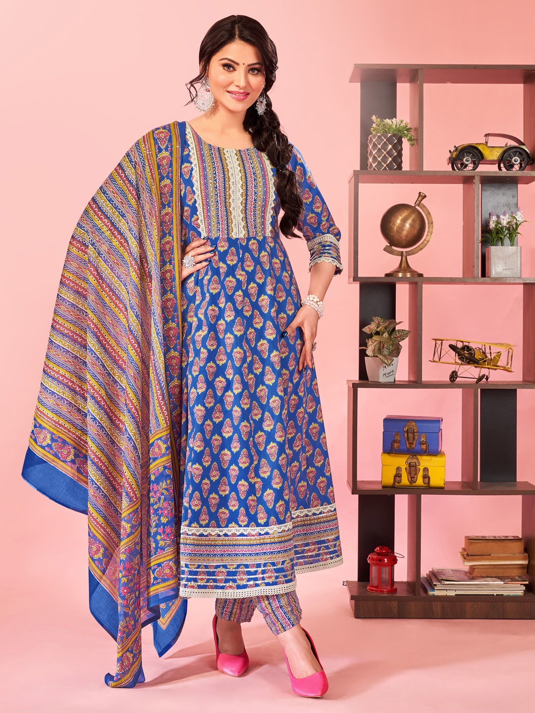 

Ziva Fashion Ethnic Motifs Printed Pure Cotton Kurta with Trousers & With Dupatta, Blue