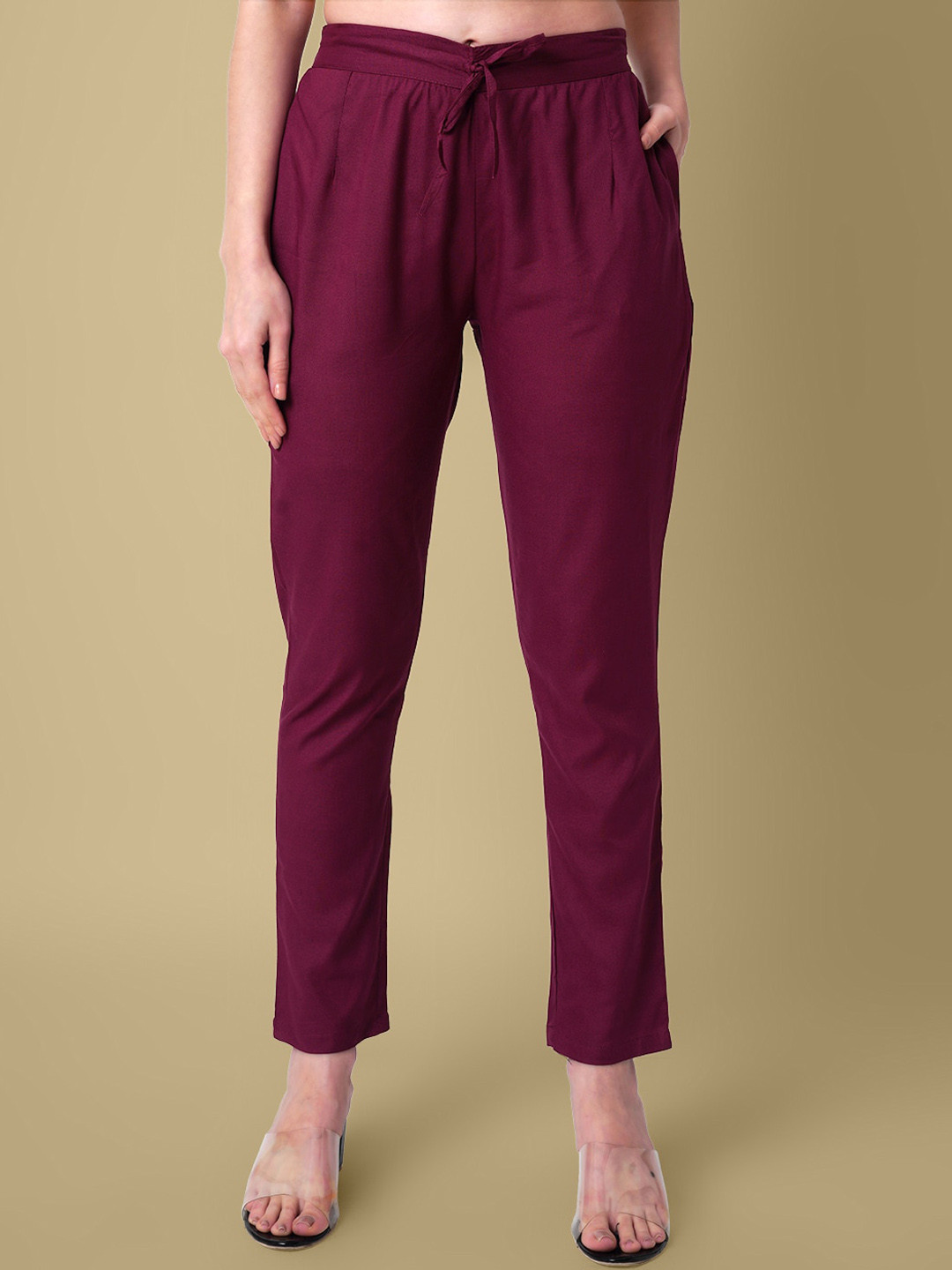 

DAEVISH Women Comfort Straight Fit Trousers, Maroon