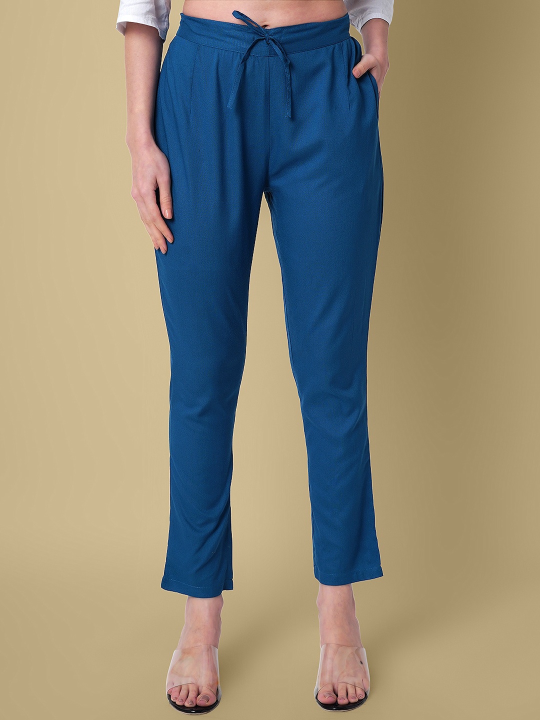 

DAEVISH Women Comfort Straight Fit Pleated Trousers, Blue