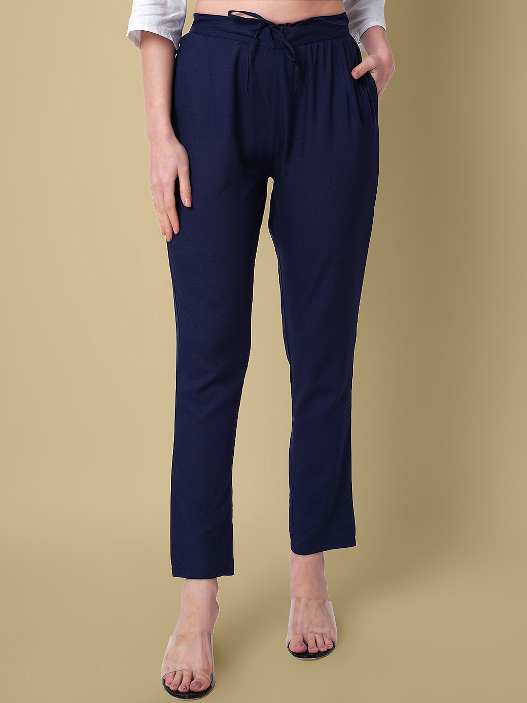 

DAEVISH Women Comfort Straight Fit Cropped Trousers, Blue