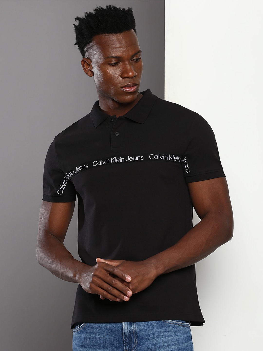 

Calvin Klein Jeans Brand Logo Printed Polo Collar T-shirt, Black