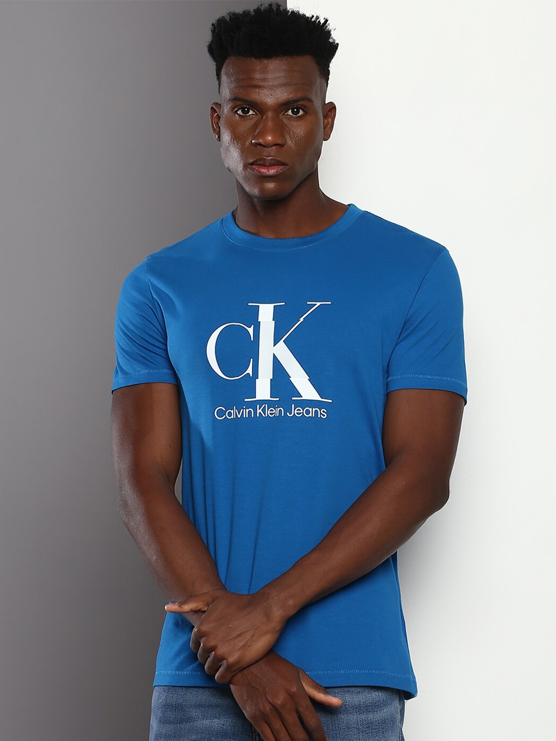 

Calvin Klein Jeans Brand logo Printed Slim Fit Cotton T-shirt, Blue