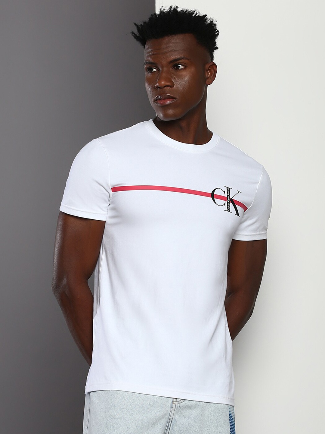 

Calvin Klein Jeans Round Neck Short Sleeves Cotton Slim Fit T-shirt, White